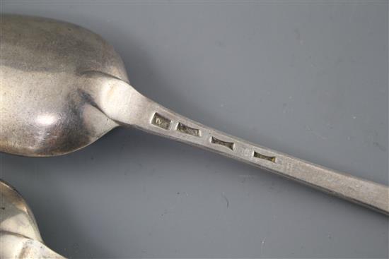 A pair of Georgian silver Old English pattern base marked tablespoons, maker W.T, circa 1770, 23cm, 4oz,